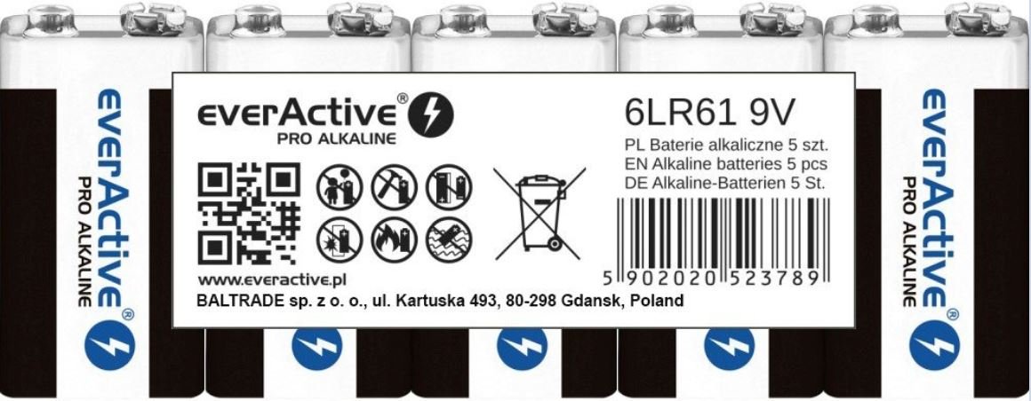 EverActive 5 x baterie alkaliczne Pro 6LR61 / 6LF22 9V (taca)