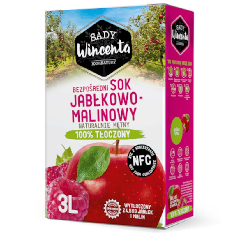 Sady Wincenta Sady Wincenta Sok 100% jabłkowo-malinowy naturalnie mętny tłoczony NFC 3 l