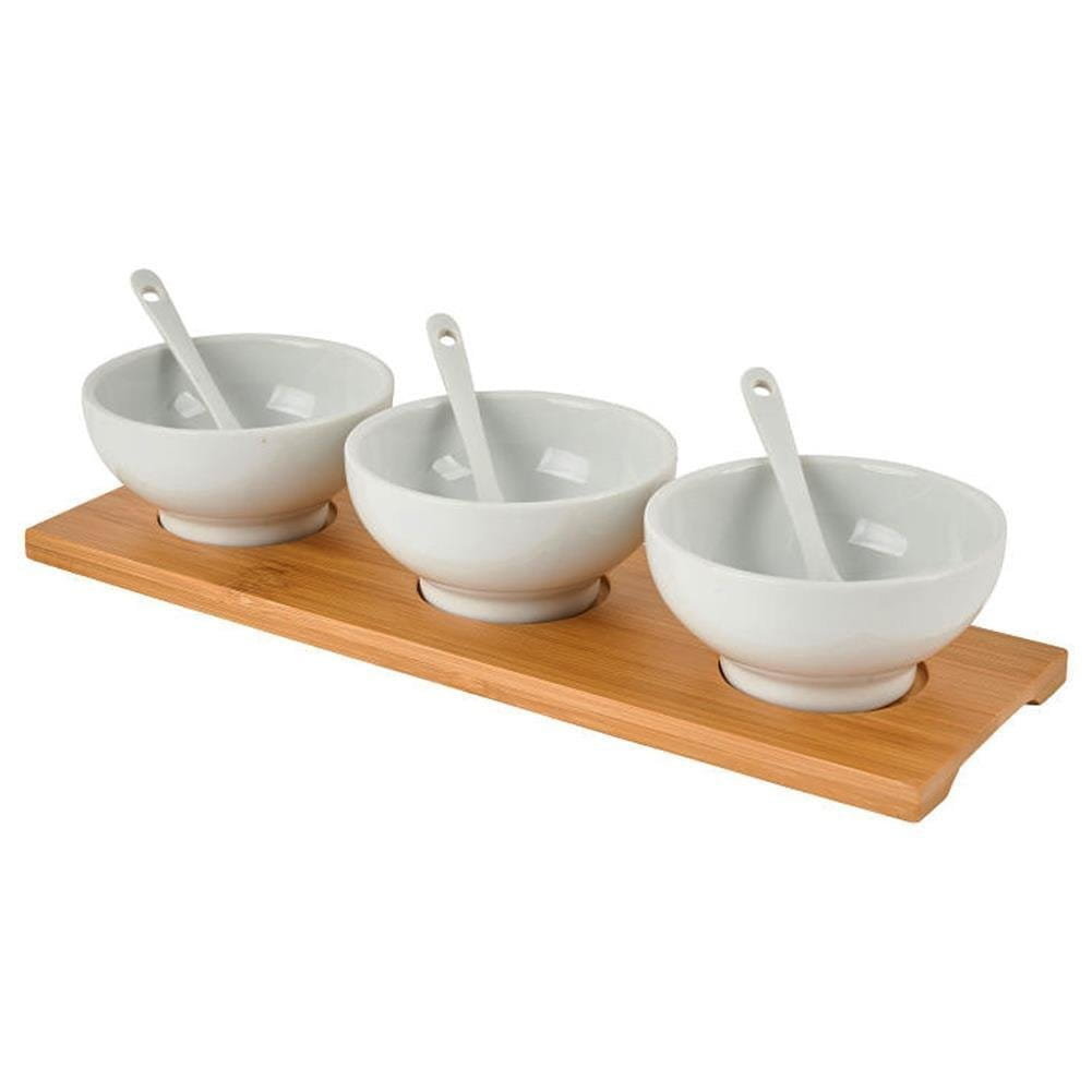 Hit Miseczka kokilka porcelanowa BIAŁA 3 szt na podstawce tacy + łyżeczki 121663
