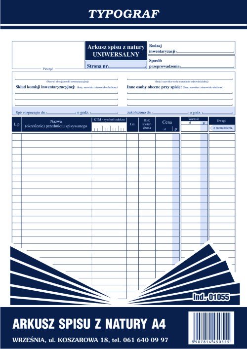 Typograf Druk Arkusz spisu z natury 01055