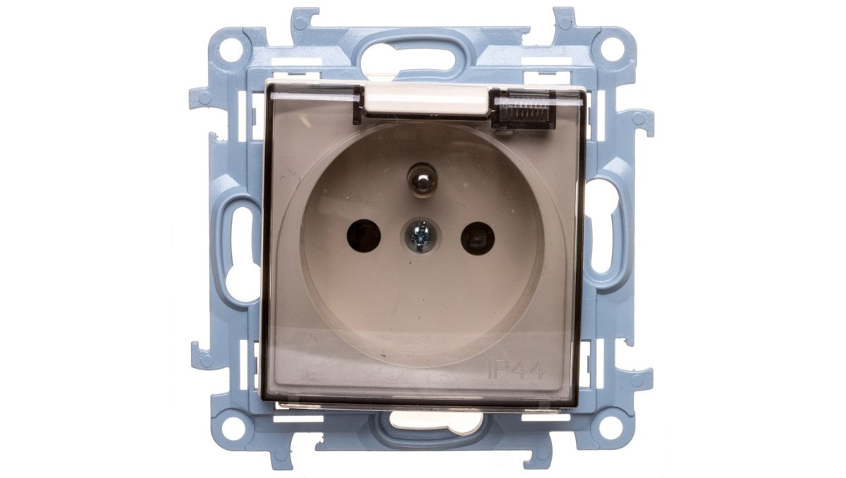Kontakt Simon Kontakt_Simon Gniazdo wtyczkowe do wersji IP44 z uszczelką z przesłonami torów prądowych - klapka transparetna (moduł) 16A. 250V. zaciski śrubowe krem CGZ1BZ.01/41A