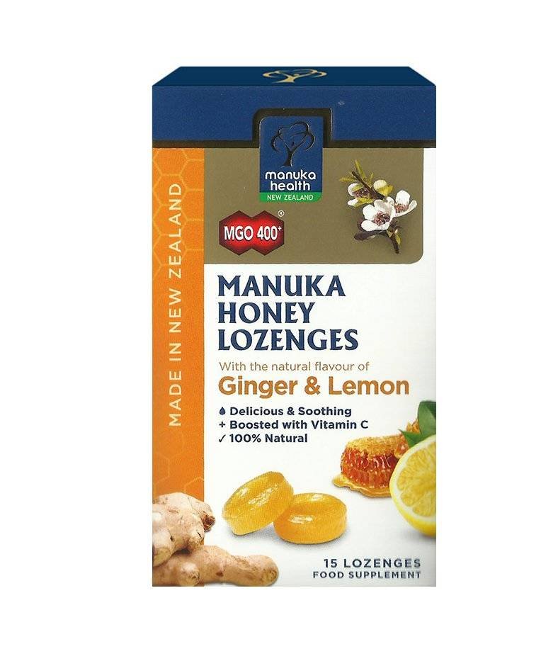 Manuka Health New Zealand HEALTH Cukierki z miodem 400MGO i witaminą C o smaku imbirowo-cytrynowym 15szt. (65g) - Health