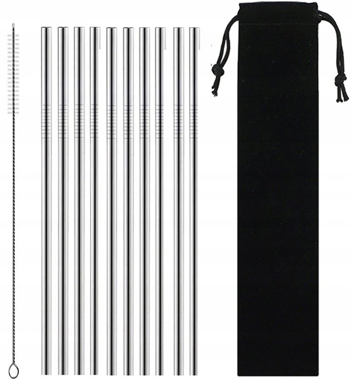 Stalowe Słomki Rurki Do Drinków Eko 10Szt + Wycior