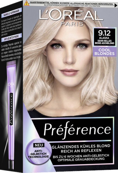 L'Oréal Paris L'Oréal Paris Trwała farba do włosów o chłodnym efekcie kolorystycznym, zestaw do farbowania włosów z balsamem do pielęgnacji przeciw żółknięciu i żółknięciom, Préférence Cool Blondes, nr 9.12 bardzo  AA177800
