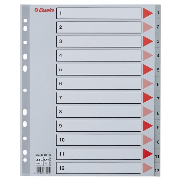 Esselte Przekładki plastikowe A4 Maxi numeryczne 1-12 - szare 100125