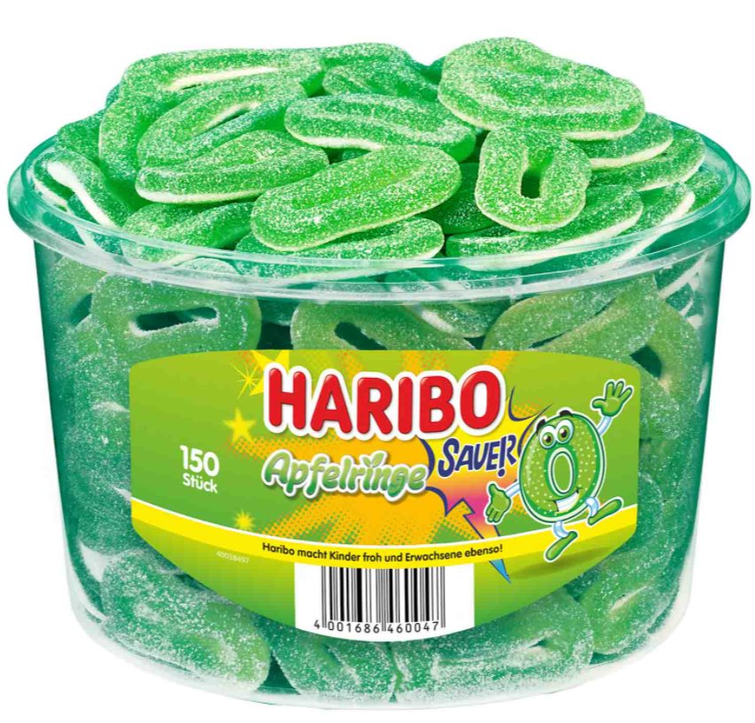 Haribo, żelki kwaśne o smaku jabłkowym Apfelringe, 150 sztuk