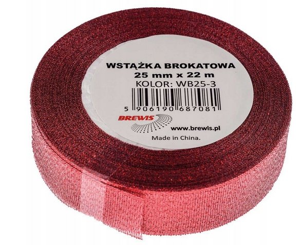 BREWIS Wstążka dekoracyjna brokatowa 25mm czerwona Brewis WB25-3