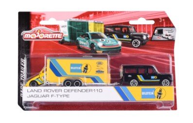 Majorette 2 pojazdy z przyczepą LAND ROVER Defender 110 + JAGUAR F-Type