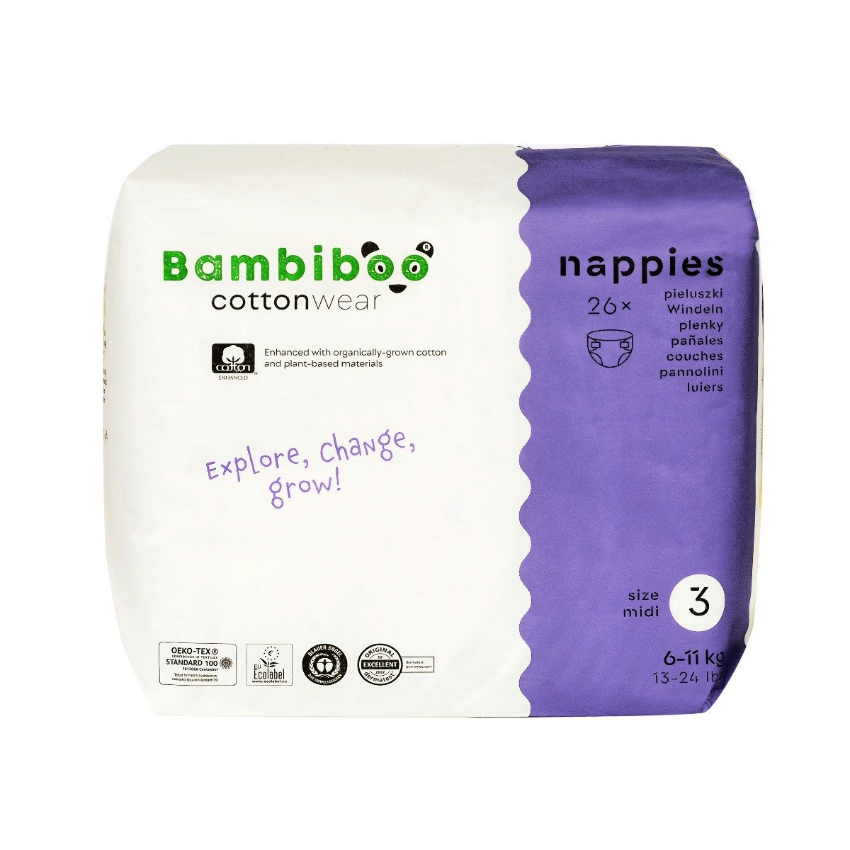 Bambiboo Cottonwear Jednorazowe pieluszki z bawełną organiczną, rozmiar 3 Midi (6-11kg), 26 szt.