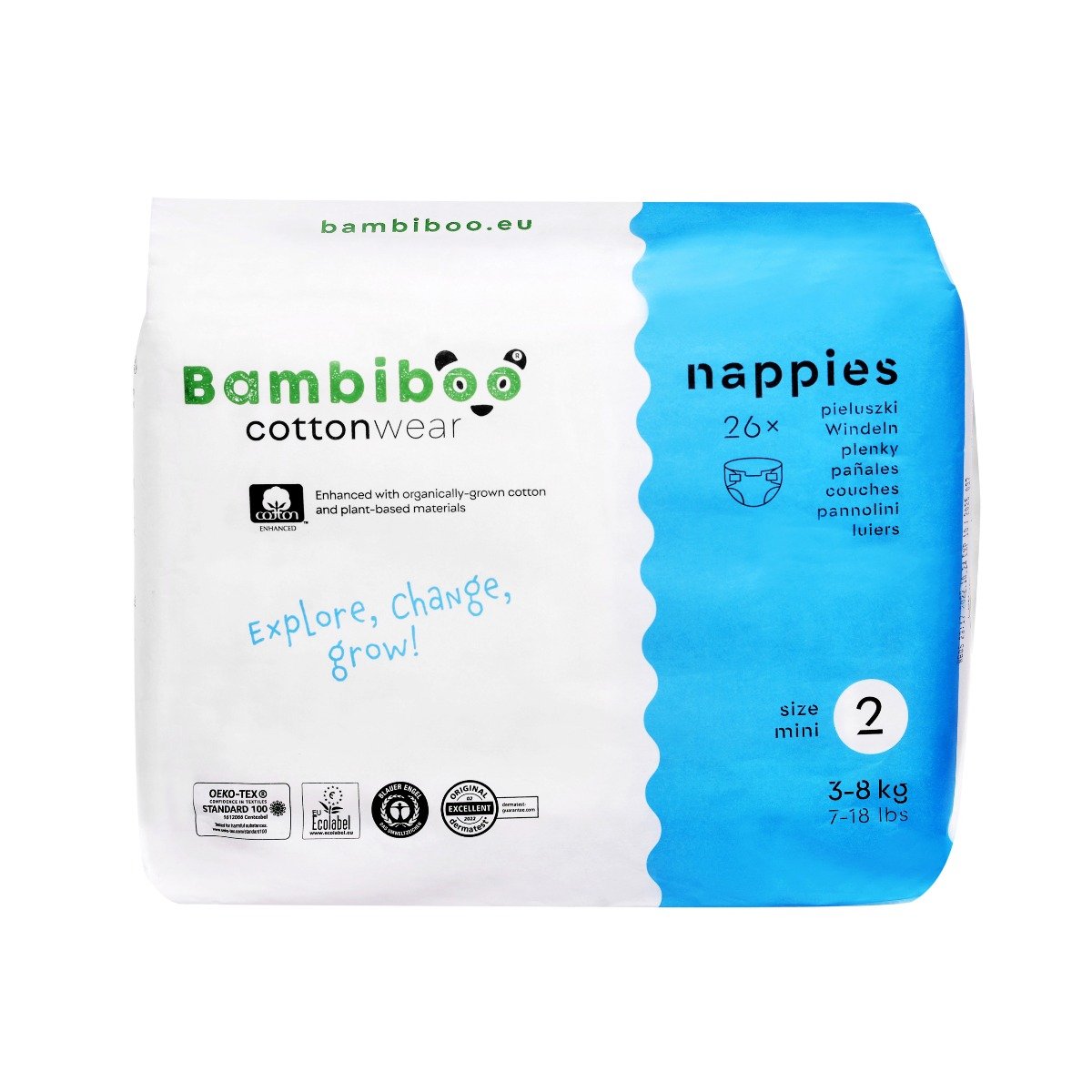 Bambiboo Cottonwear Jednorazowe pieluszki z bawełną organiczną, rozmiar 2 Mini (3-8kg), 26 szt.