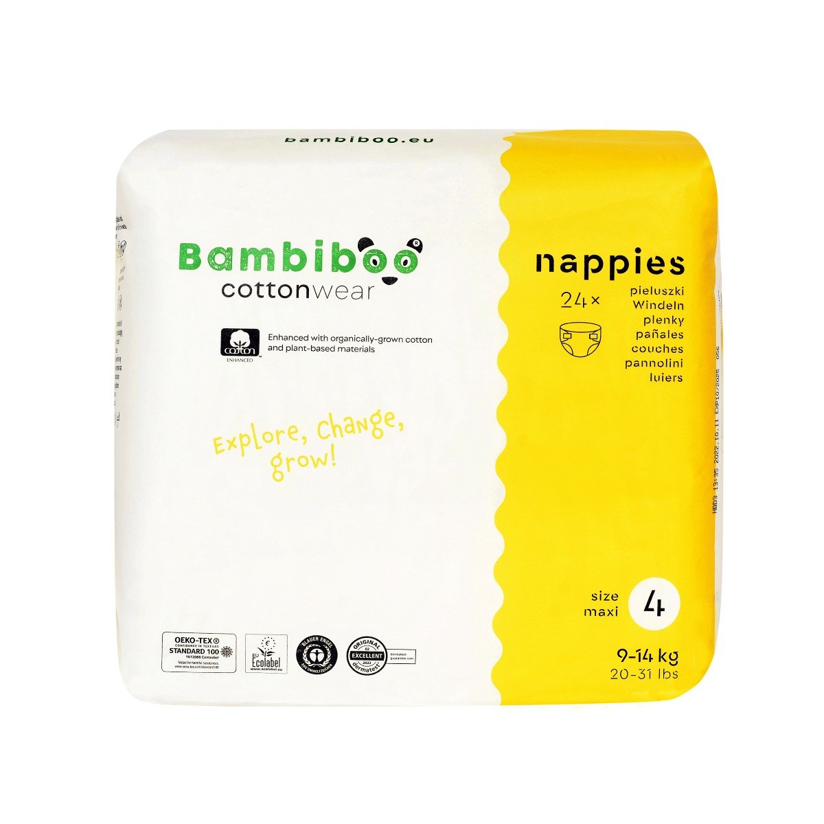 Bambiboo Cottonwear Jednorazowe pieluszki z bawełną organiczną, rozmiar 4 Maxi (9-14kg), 24 szt.