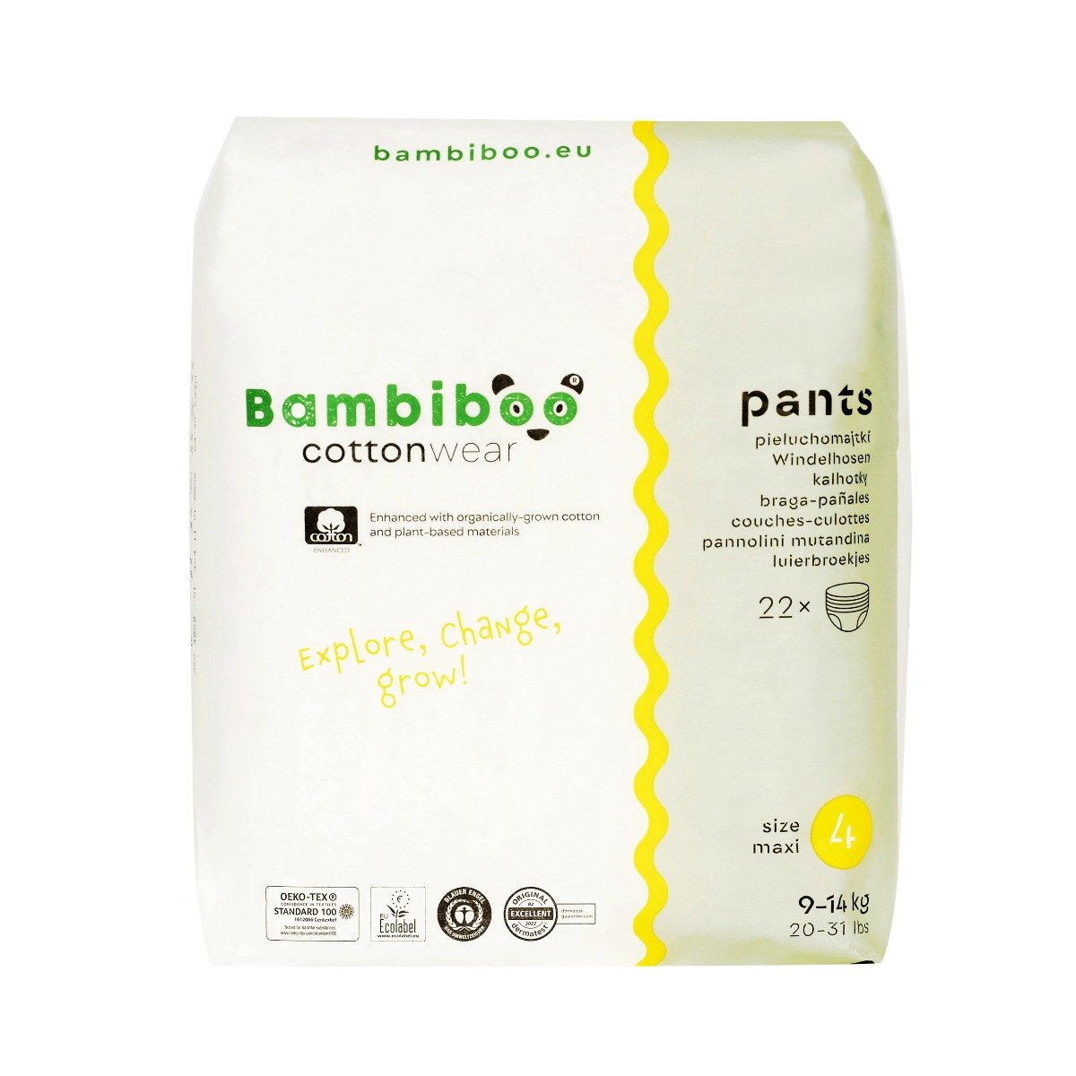 Bambiboo Cottonwear Jednorazowe pieluchomajtki z bawełną organiczną, rozmiar 4 Maxi (9-14kg), 22 szt.