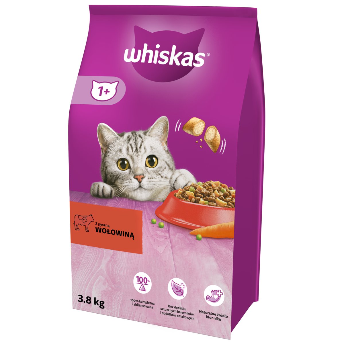 Whiskas, Karma dla Kota, Sucha, z wołowiną, 3,8 kg
