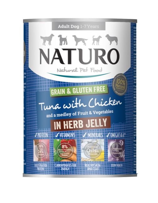 Karma mokra Naturo Grain & Gluten Free TUŃCZYK & KURCZAK, owoce & warzywa w galarecie z ziołami 390g