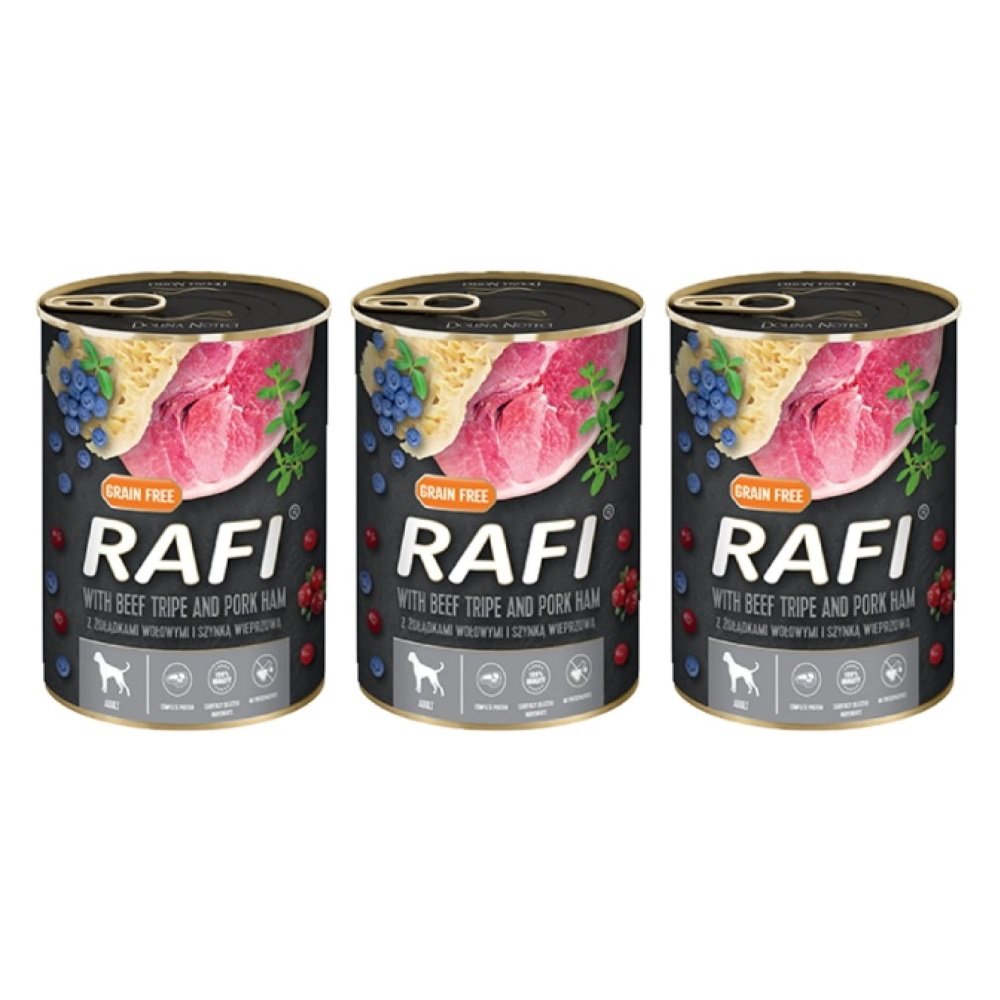 3x RAFI Z SZYNKĄ I ŻOŁĄDKAMI WOŁOWYMI, BORÓWKĄ I ŻURAWINĄ -KARMA DLA PSA 400G