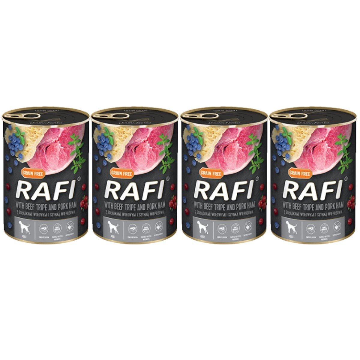 4x RAFI Z SZYNKĄ I ŻOŁĄDKAMI WOŁOWYMI, BORÓWKĄ I ŻURAWINĄ -KARMA DLA PSA 400G