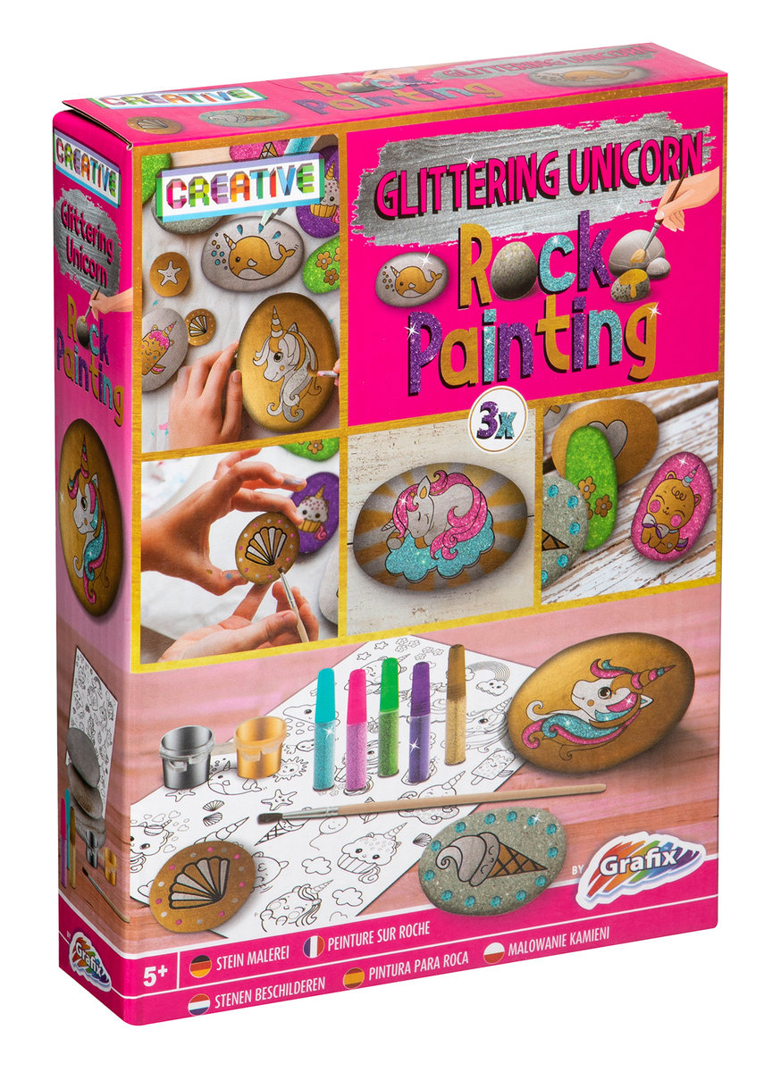 Błyszczący obraz naskalny jednorożca; 3 kamienie + pędzel