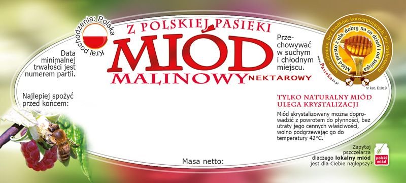 Paczka etykiet na miód malinowy 116x50 (100szt) - wzór E1019