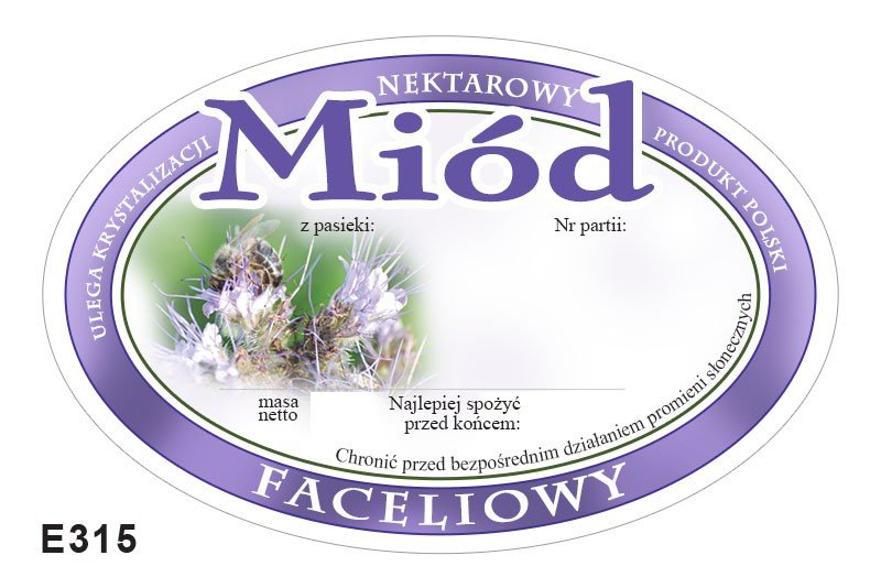 Paczka etykiet owalnych na miód faceliowy (100szt) - wzór E315