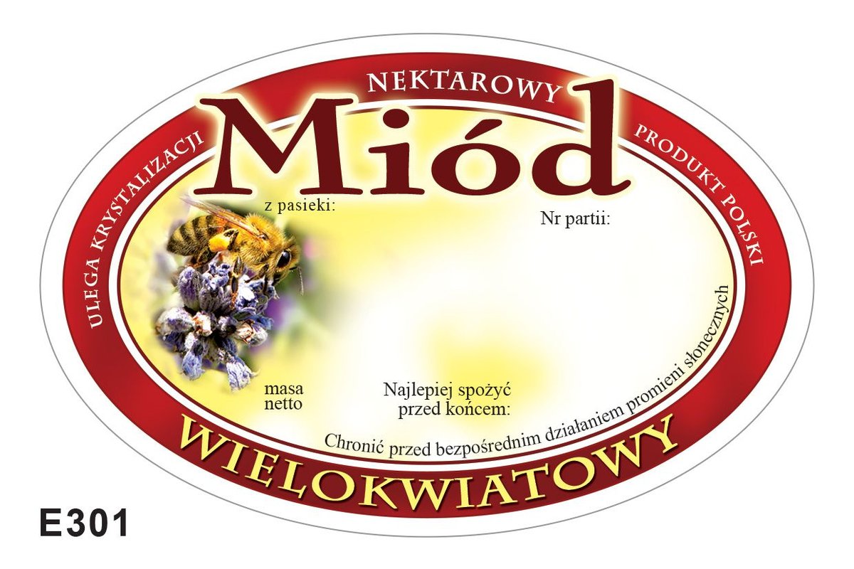 Etykiety owalne na miód wielokwiatowy 100szt e301