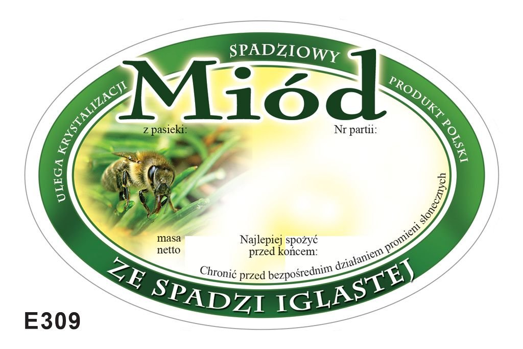 Paczka etykiet owalnych na miód ze spadzi iglastej (100szt) - wzór E309