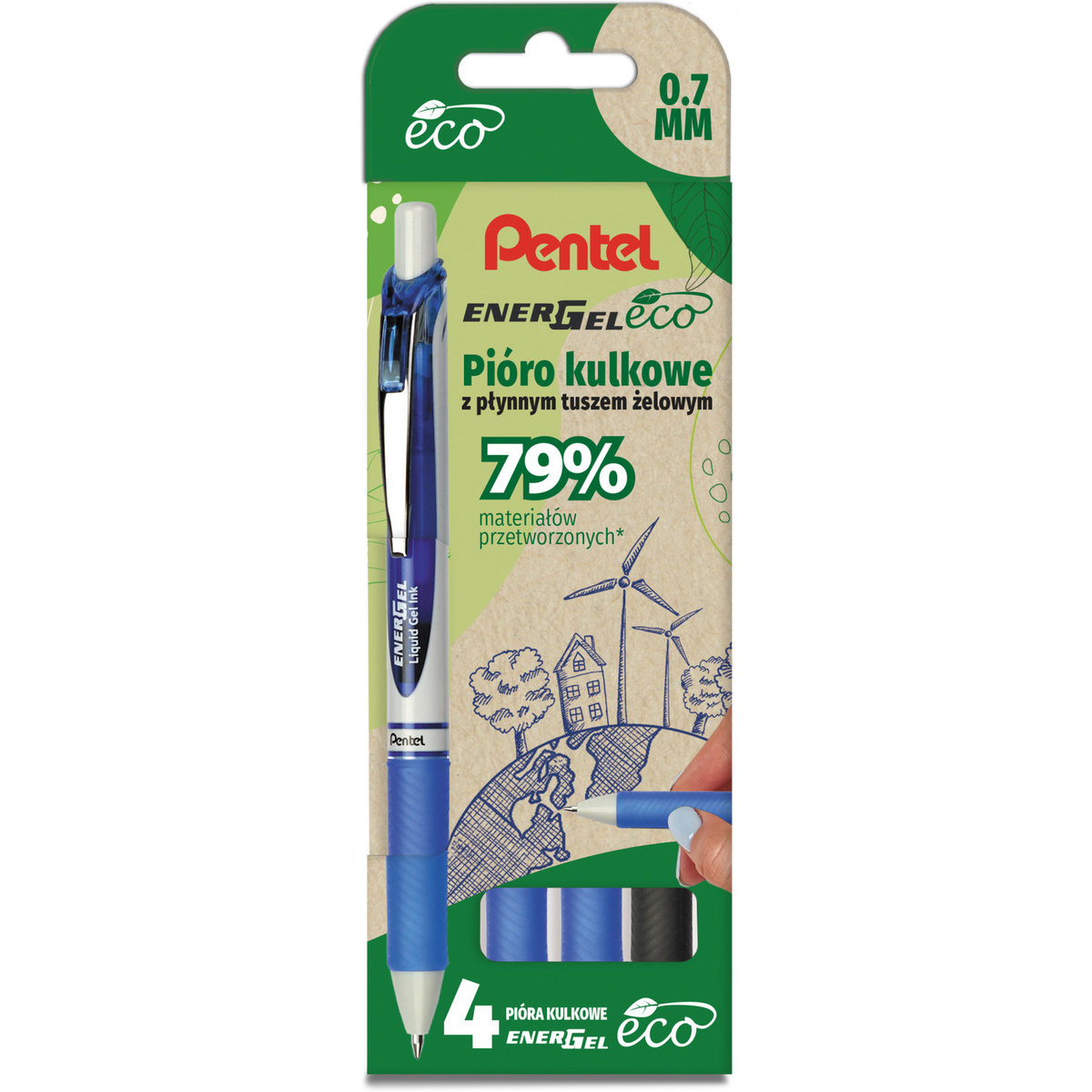 Pióro kulkowe ENERGEL 3x niebieski, 1x czarny komplet 4sztuk BL77E PENTEL