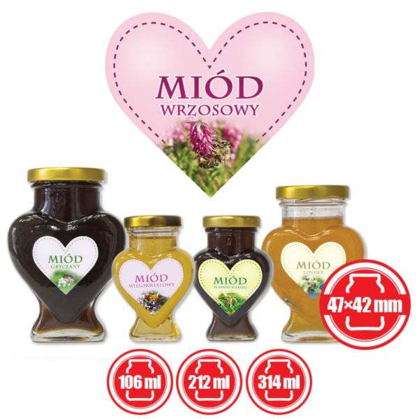 Paczka etykiet serduszek na miód wrzosowy 47mm x 42mm (50szt) - wzór ES8
