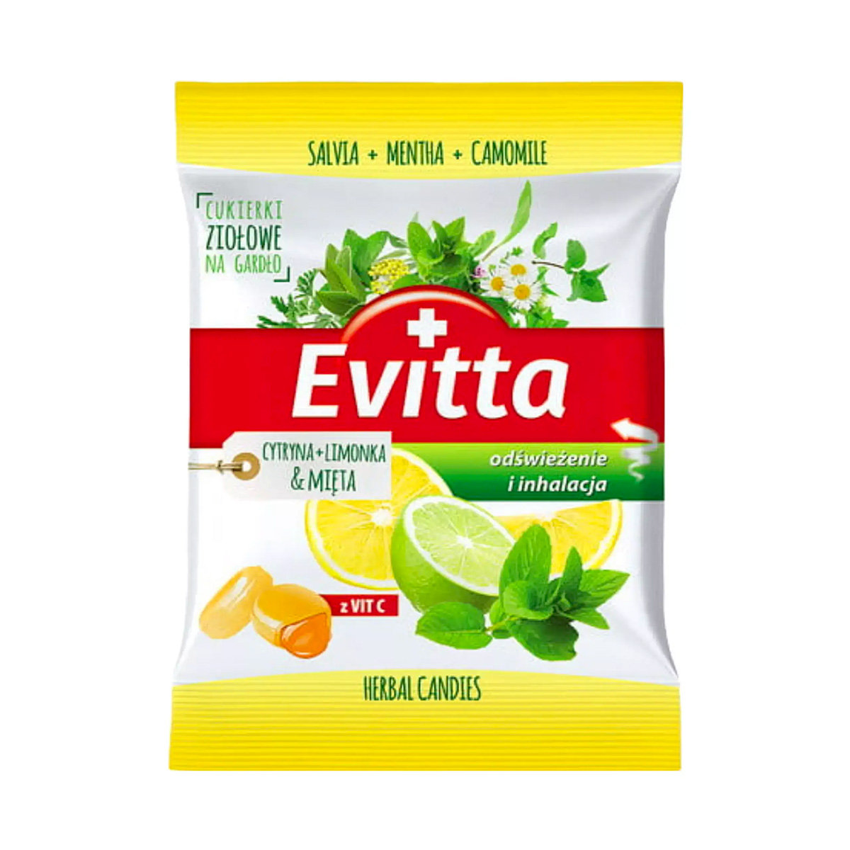 Ziołowe cukierki bez cukru z witaminą C cytryna, limonka i mięta / Evitta