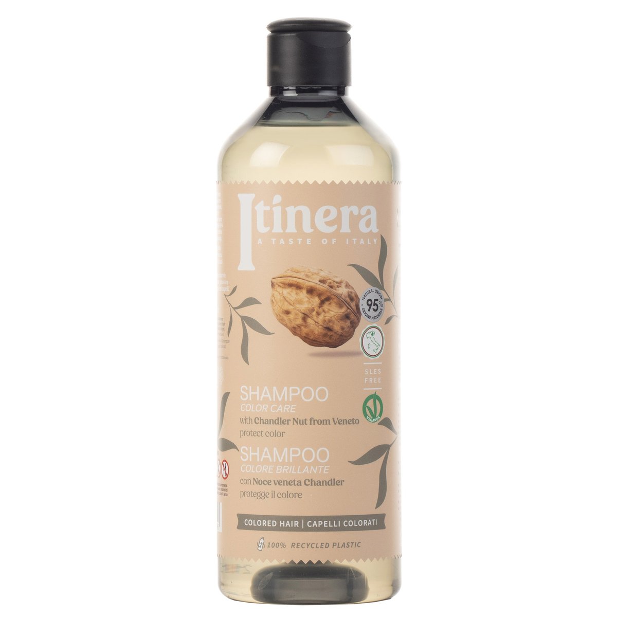 Itinera, Szampon do włosów farbowanych z orzechami chandler z Veneto, 95% składników naturalnych, 370 ml