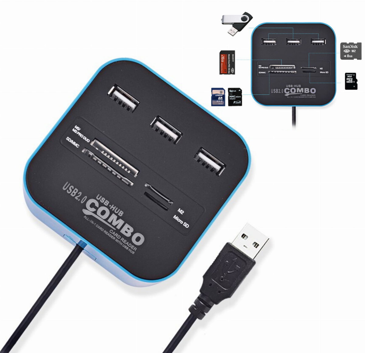 Hub Usb 2.0 Combo z czytnikiem kart MS/M2/SD/TF