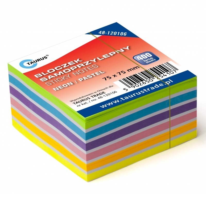 Karteczki samoprzylepne 75x75/400 mix neon/pastel Taurus