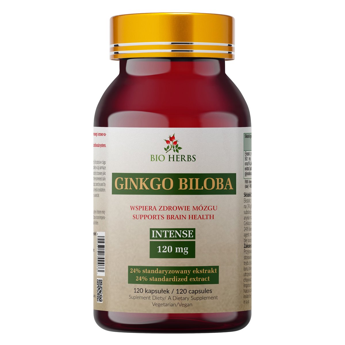 Bio Herbs, Ginkgo Biloba Intense 120mg, Milorząb Japoński Wspiera Zdrowie Mózgu, 120 Kaps.