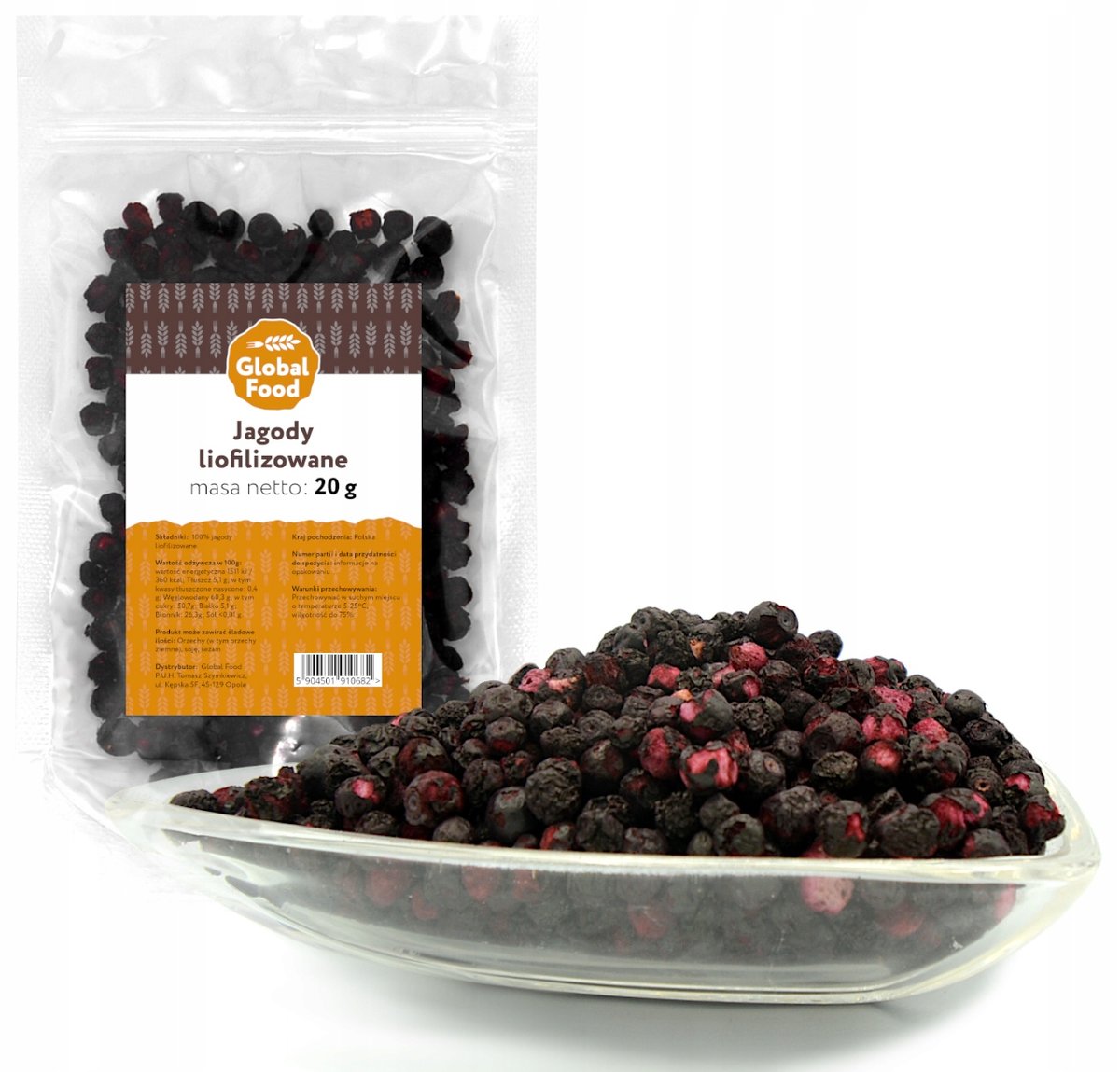 JAGODY LIOFILIZOWANE CAŁE OWOCE GLOBAL FOOD 20g