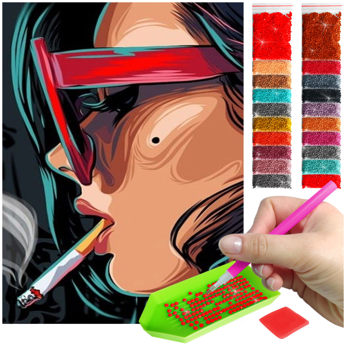 Haft Diamentowy ARTULIO, Obraz DIY 5D, Diamond Painting, Mozaika Diamentowa 30X40cm (Pop-artowa kobieta z papierosem) + Zestaw Akcesoriów