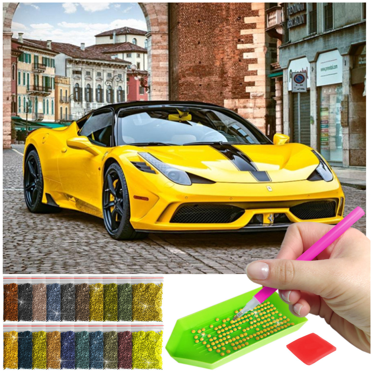 Haft Diamentowy ARTULIO, Obraz DIY 5D, Diamond Painting, Mozaika Diamentowa 30X40cm (Żółte Ferrari) + Zestaw Akcesoriów