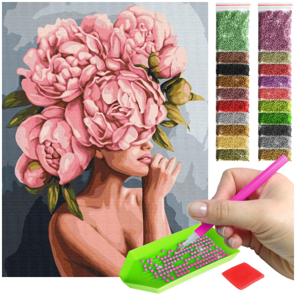 Haft Diamentowy ARTULIO, Obraz DIY 5D, Diamond Painting, Mozaika Diamentowa 30X40cm (Dama w piwoniach) + Zestaw Akcesoriów