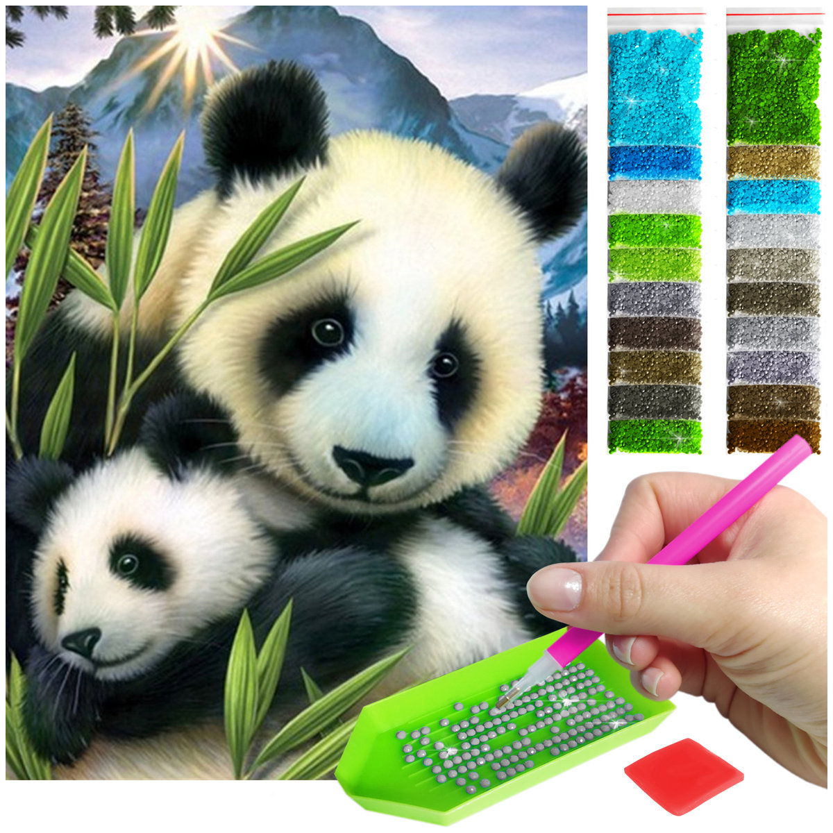Haft Diamentowy ARTULIO, Obraz DIY 5D, Diamond Painting, Mozaika Diamentowa 30X40cm (Mama Panda na tle gór) + Zestaw Akcesoriów