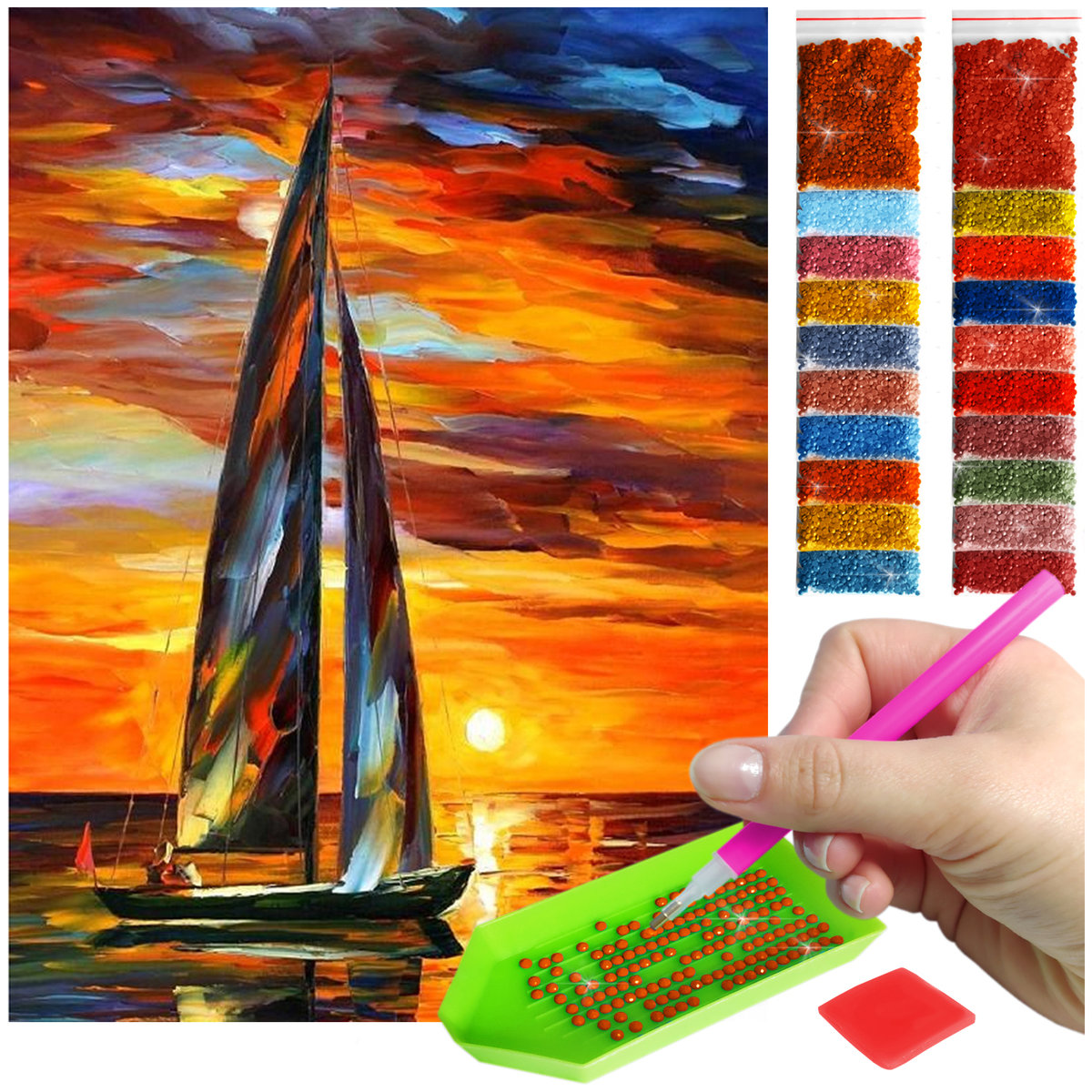 Haft Diamentowy ARTULIO, Obraz DIY 5D, Diamond Painting, Mozaika Diamentowa 30X40cm (Żaglówka na tle zachodu słońca) + Zestaw Akcesoriów
