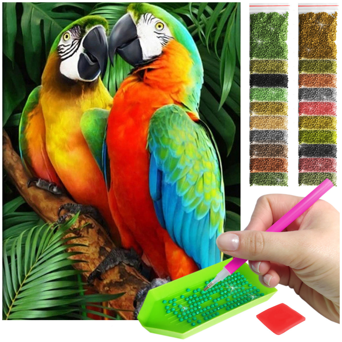 Haft Diamentowy ARTULIO, Obraz DIY 5D, Diamond Painting, Mozaika Diamentowa 30X40cm (Papugi w tropikalnym lesie) + Zestaw Akcesoriów