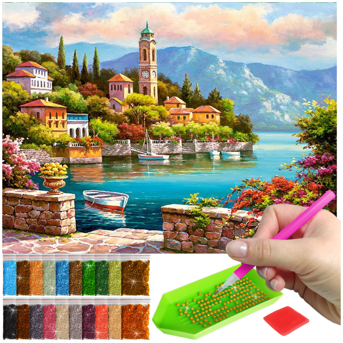 Haft Diamentowy ARTULIO, Obraz DIY 5D, Diamond Painting, Mozaika diamentowa 30x40cm (Śródziemnomorskie miasteczko z widokiem na góry) + zestaw akces..