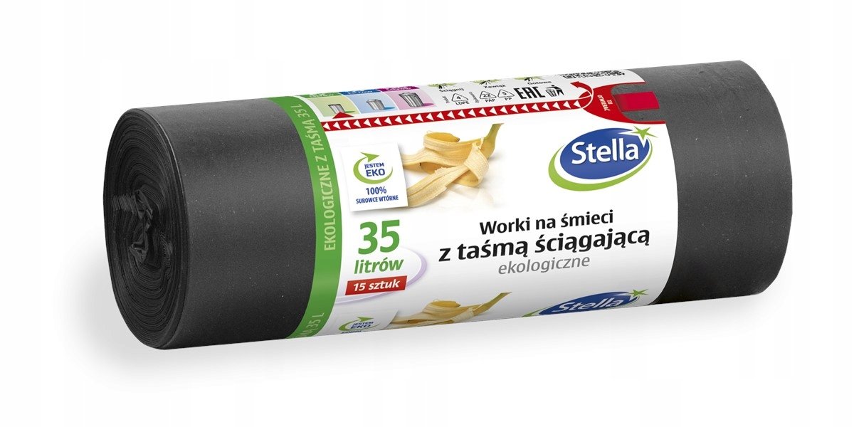 Stella ST WORKI NA ŚMIECI EKOLOGICZNE 35L 15SZT Z TAŚMĄ ŚCIĄGAJĄCĄ LDPE) + 3 SZT GRATIS zakupy dla domu i biura! A11-WNS-4249