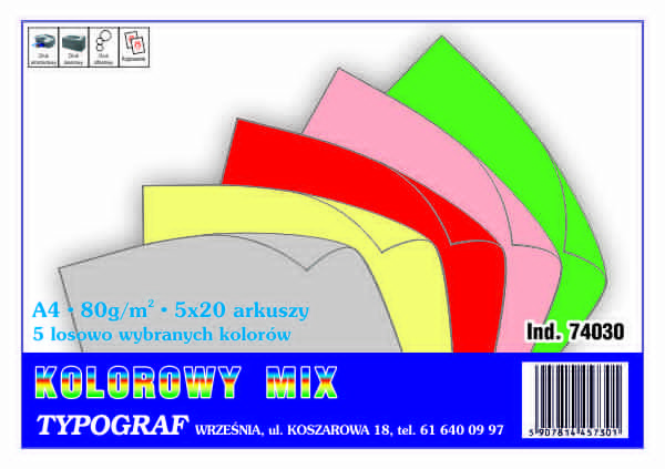 Papier kolorowy ksero Typograf A4 80 g/m2 mix 5 kol. mieszanych
