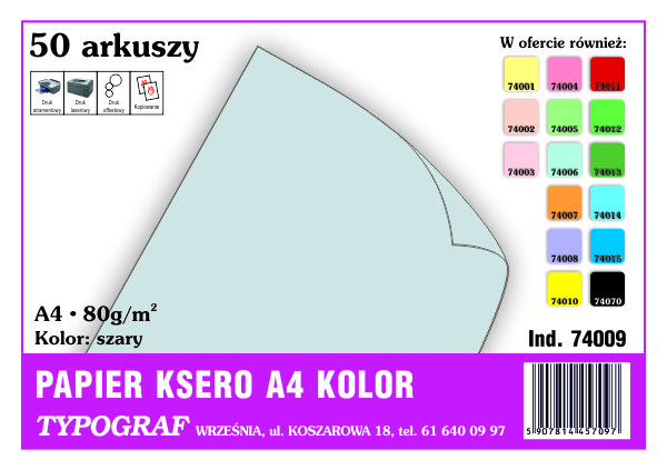 Papier kolorowy ksero Typograf A4 80 g szary