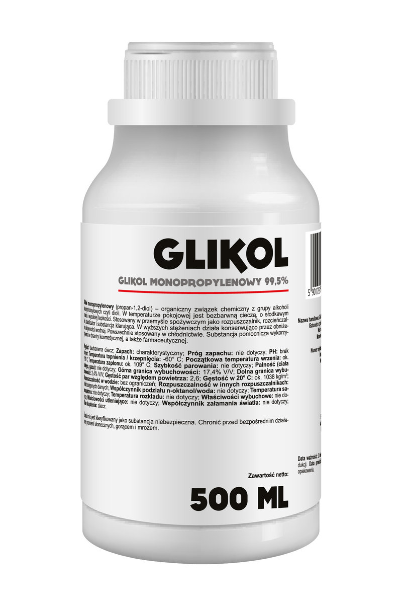 GLIKOL MONOPROPYLENOWY 99,5% PG UNIWERSALNE ZASTOSOWANIE 500ML