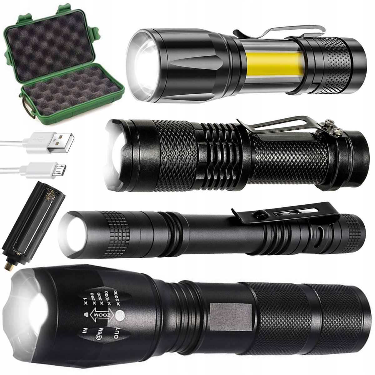 Zestaw 4X Latarka Led Taktyczna +etui Ładowarka