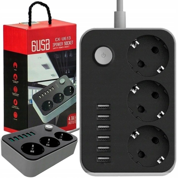Przedłużacz Listwa Zasilająca 3 GNIAZDA + 6 USB 4A