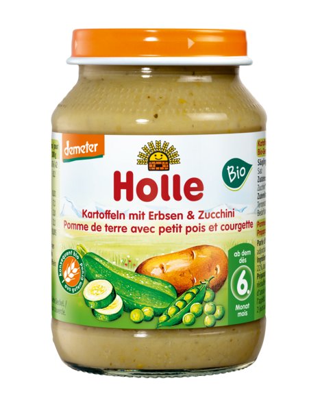 Holle Obiadek ziemniak - groszek - cukinia bez dodatku cukrów bezglutenowy od 6 miesiąca demeter (słoik) 190 g Bio