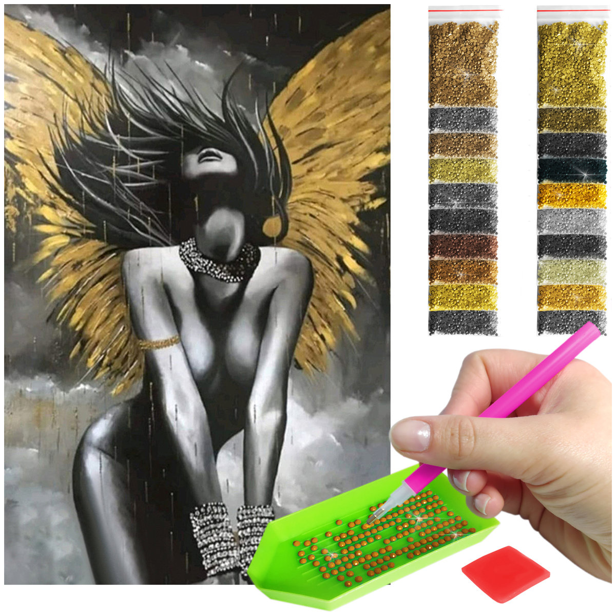 top Haft Diamentowy ARTULIO, Obraz DIY 5D, Diamond Painting, Mozaika diamentowa 40x60cm (Kobieta ze złotymi skrzydłami) + zestaw akcesoriów