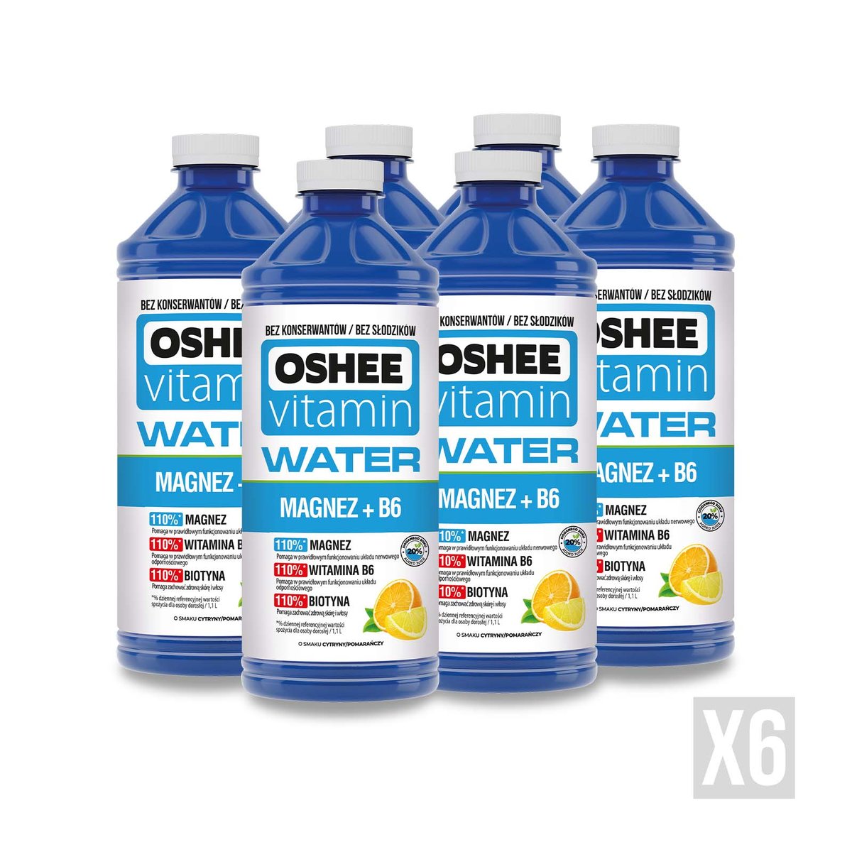 6x OSHEE Vitamin Water magnez + B6  cytryna - pomarańcza 1100 ml