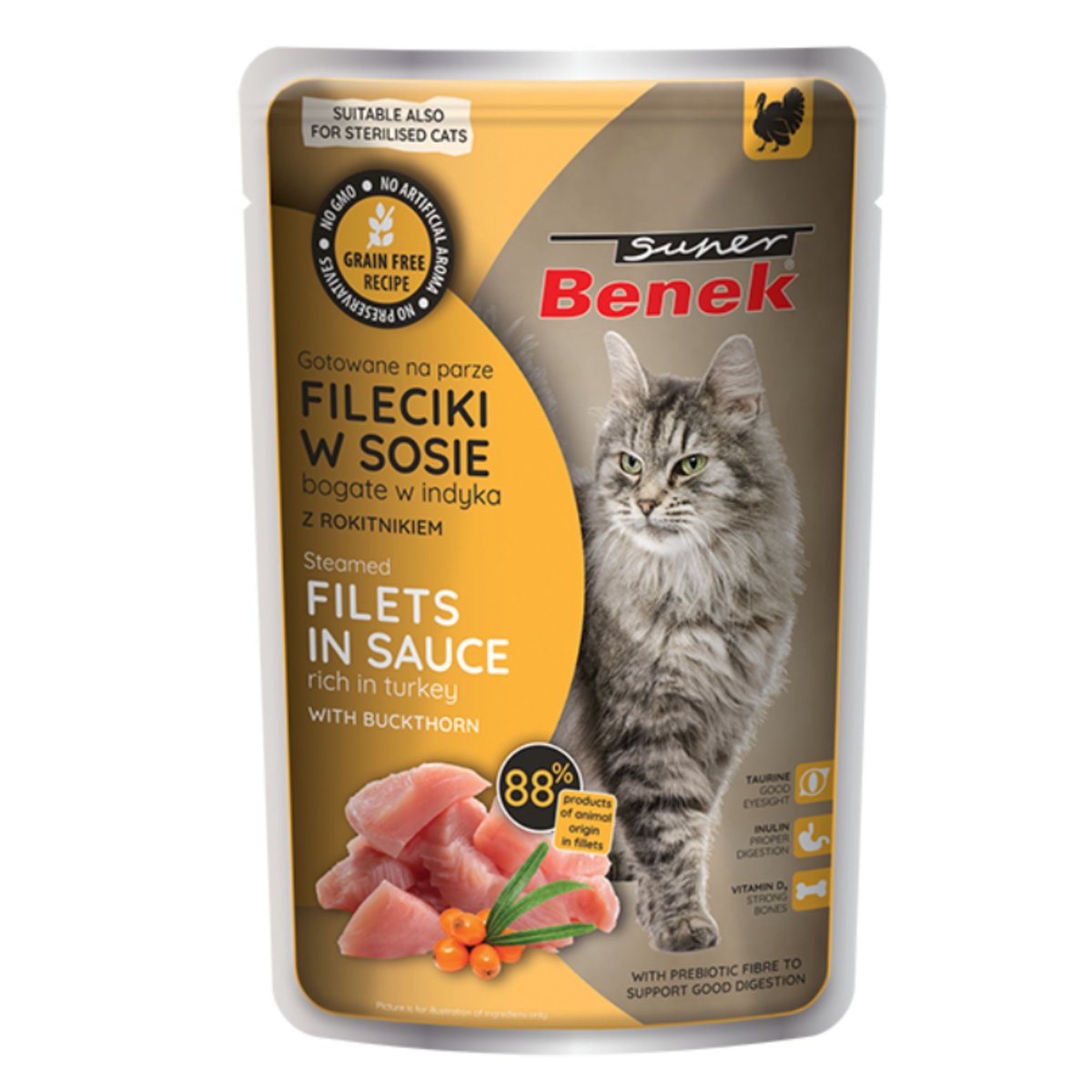 SUPER BENEK Bezzbożowe fileciki gotowane na parze bogate w indyka, z rokitnikiem, w sosie 85g